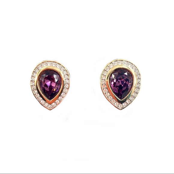 VTG Swarovski Amethyst Tear Drop Clip Earrings - Picture 7 of 10